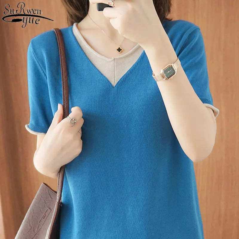

2021 Women Short Sleeve Shirts Summer New Korean Office Lady's Style Cotton Blouse Women Knitted Bottom Shirt 8 Colors 13680