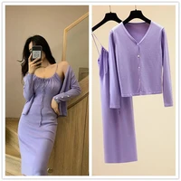 elegant two piece knitted women sets solid summer ice silk cadigan straight sling dress knee length street ladies sets new 2021
