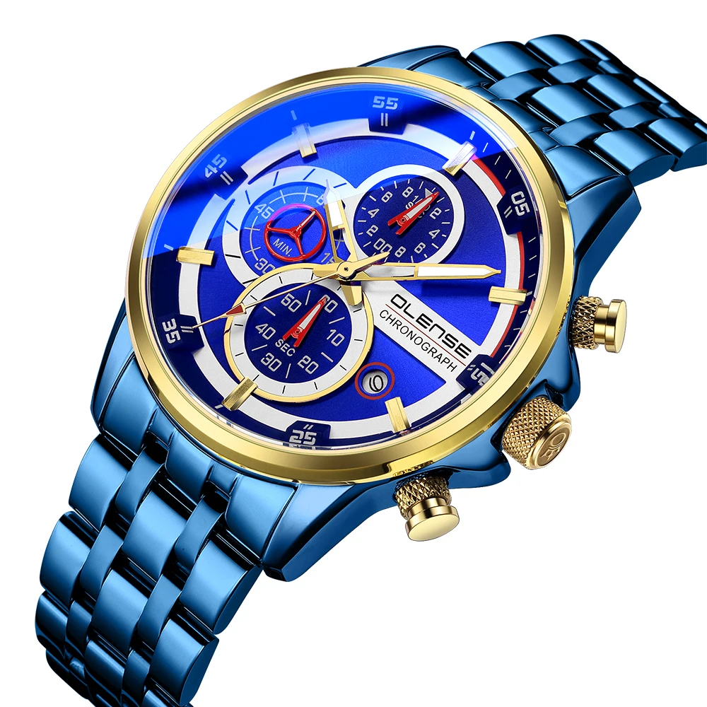 Top Brand OLENSE 9003 Men Stainless Steel Waterproof Sport Chronograph Date Male Clock Business Quartz Wristwatches Relogio