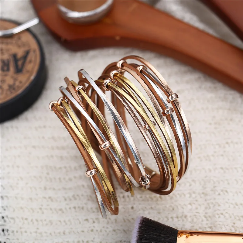 17KM Модные многослойные кожаные браслеты для женщин и мужчин, винтажного золотого цвета, серебряно-покрытые браслеты для пары и дружбы, подарок.