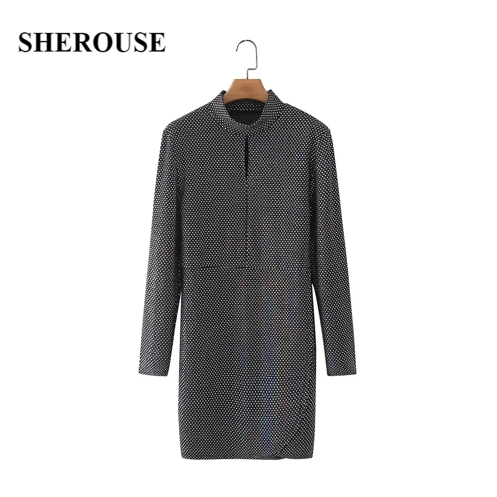 

Sherouse Women Fashion Sequined Dress with Front Hollow Out Detail Long Sleeves High Neck Chic Lady Woman Prom Short Dresses
