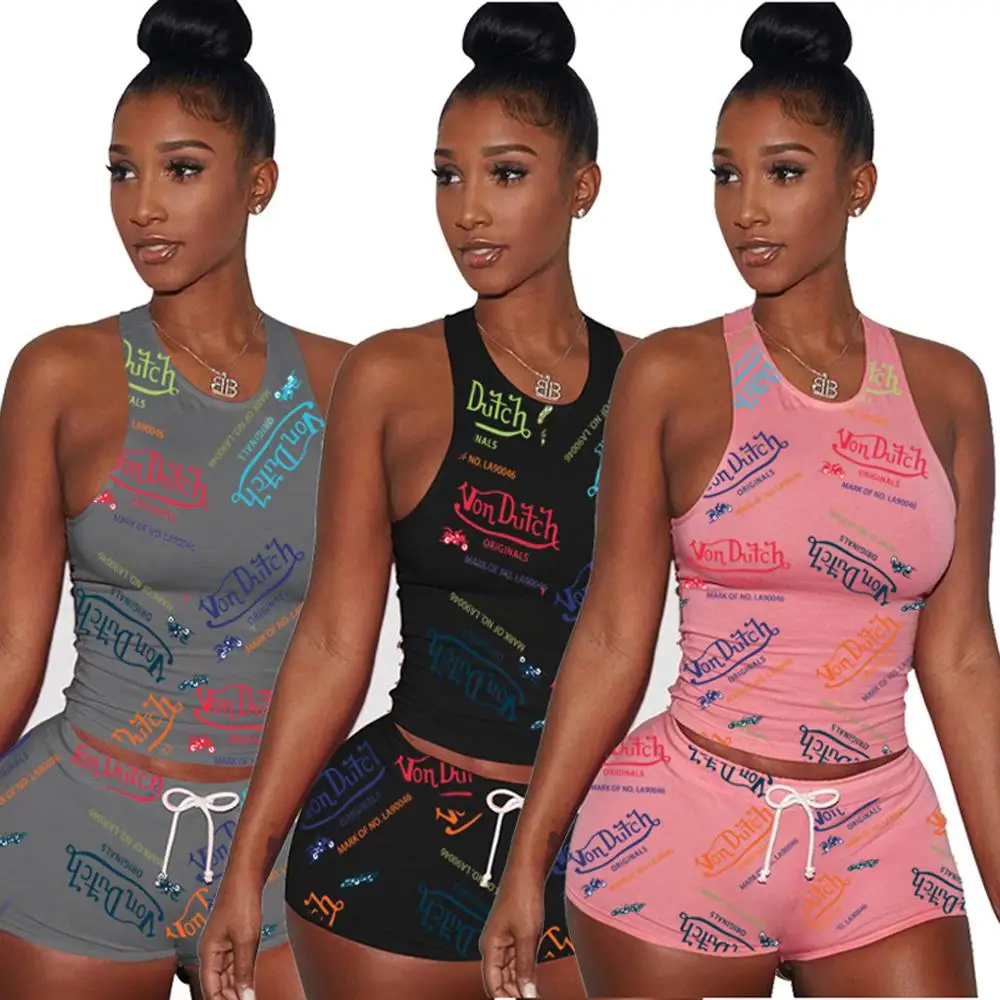 

Letter Print Sleeveless Womens Drawstring Shorts Set Von Dutch Two Piece Outfit Sexy Sleeveless Shirt and Biker Short Set Cotton