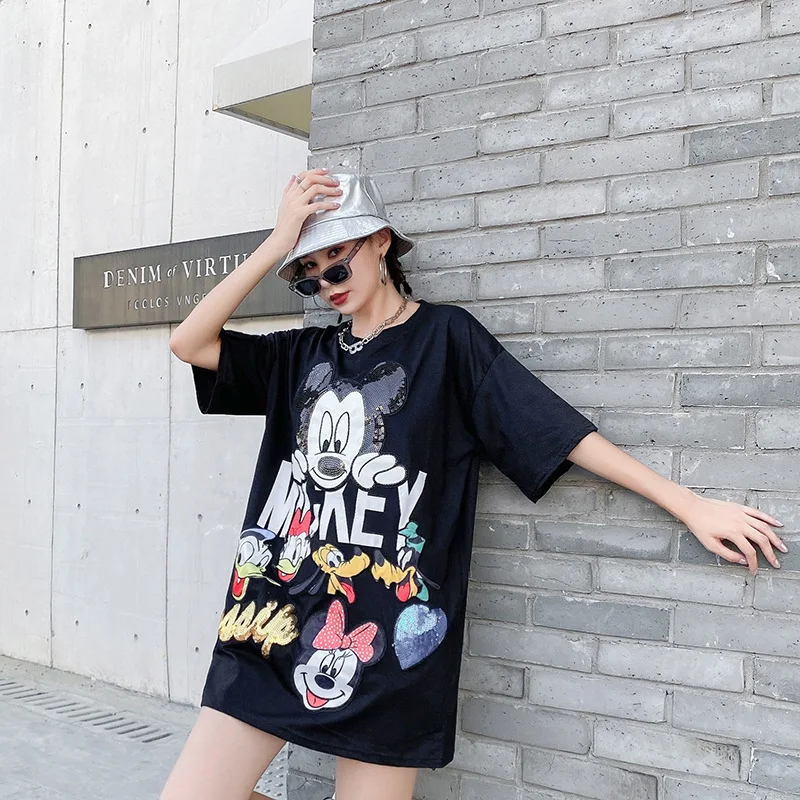 

Disney Mickey Mosue Women's 2021 Summer Cartoon Print Mid-length Oversize Tide Brand Round Neck Short-sleeved Women's Clothing
