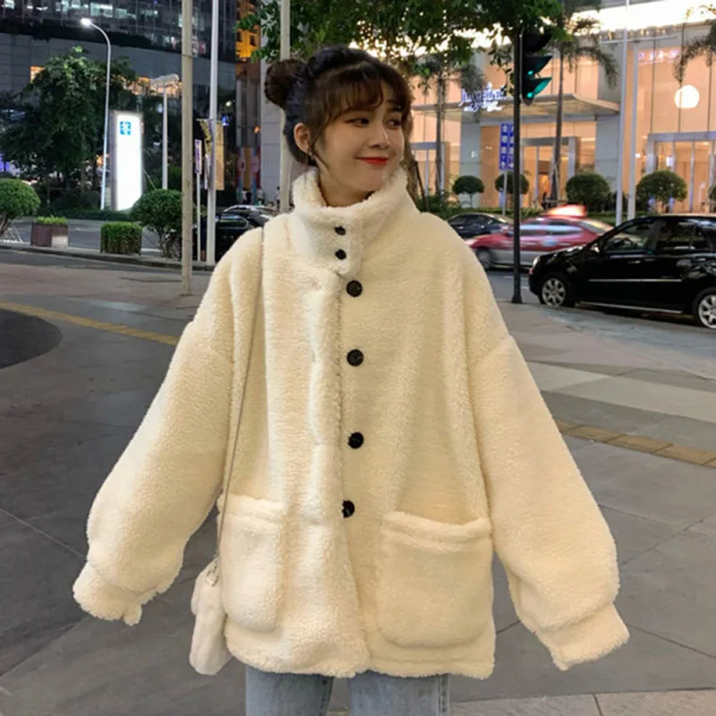 

2021Korean Fashion Thick Wool Cashmere Coat Wool Fur Coat Stand-Up Collar Mori Female Lamb Wool Coat Female Winter College Style