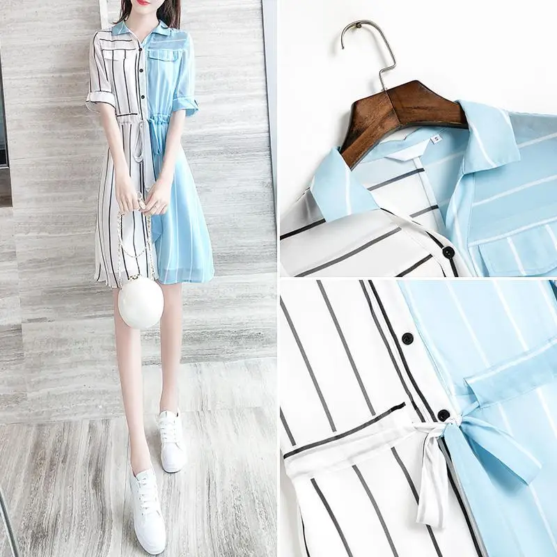 

2021 Summer Womens Dress Short Sleeves Button Down Split Blouse Dress Contrast Colored Vertical Stripes Chiffon Belted