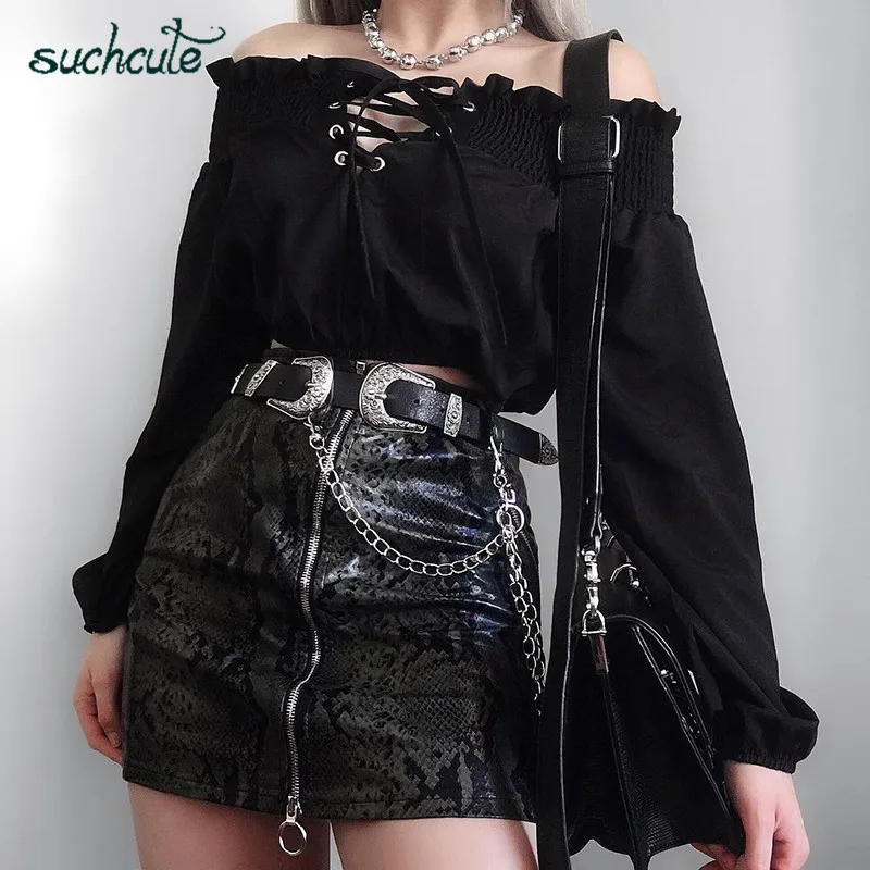 

SUCHCUTE Off Shoulder Women Blouse Lace Up Modis Black Shirt Autumn 2019 Korean Style Harajuku Bluzki Damskie Lady Office Tops