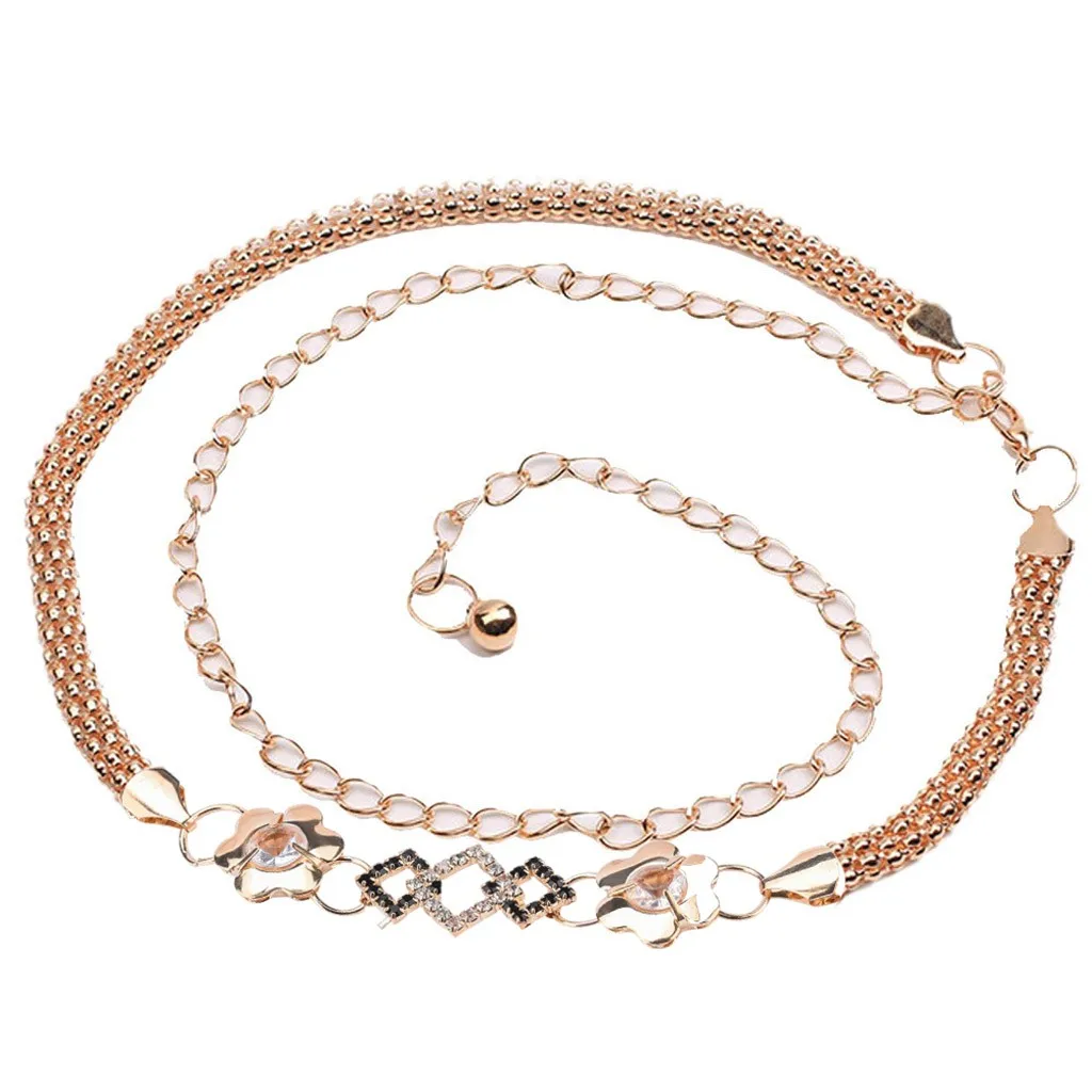 

Women's Lady Fashion Metal Chain Style Belt Body Chain Women's Elegant Alloy Waist Belt Diamond Hollow Design Fashion Belts 2021