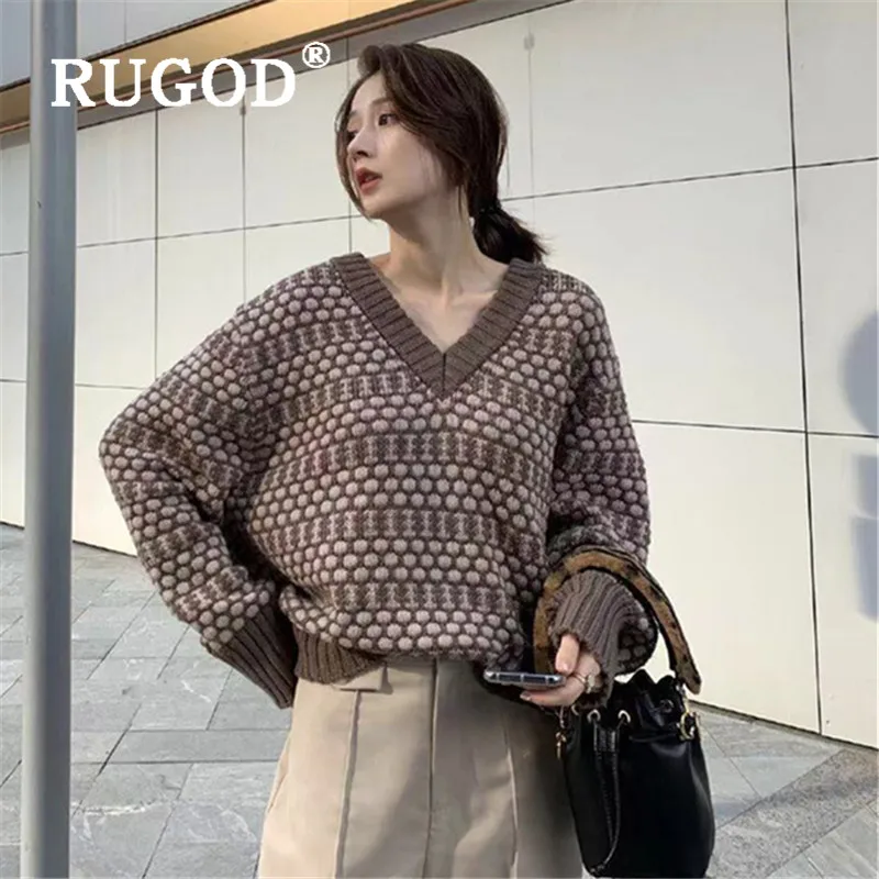 RUGOD 2019 свитер с v-образным вырезом женский геометрический вязаный пуловер