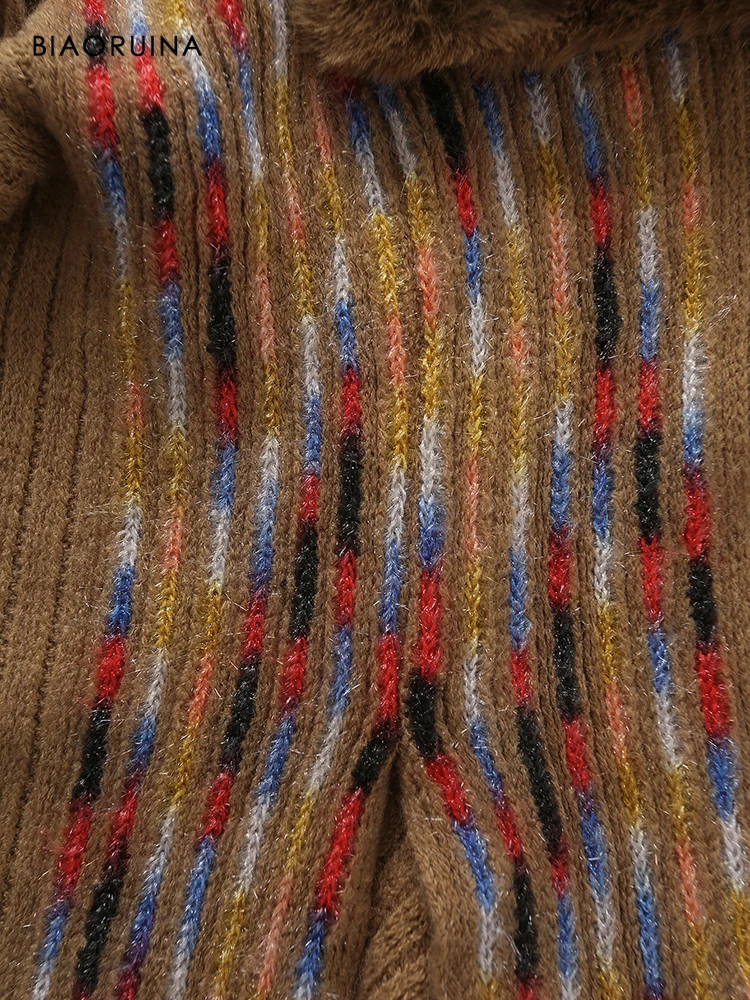 

BIAORUINA Women's Loose Bat Sleeve Shawl Sweater Winter Warm Cloak Cape Outwear Stripes Tassels Faux Fur V-neck Clothing