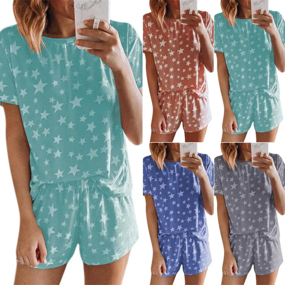

Summer Stars Printed Women Homewear Two Piece Sets Round Collar Short Sleeve Tshirt Elastic Waist Shorts Loose Casual Sleepsuits