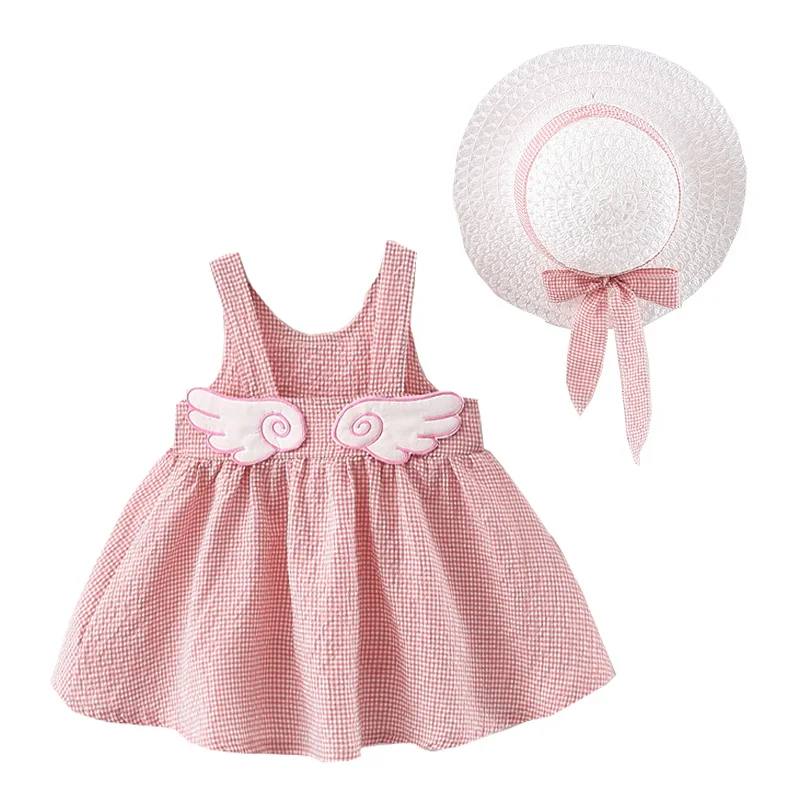 

Angel's Wing Baby Girl Dress With Hat Newborn Toddler Summer Outfits 2pcs Beach Linen Cotton Blend Kids Clothes
