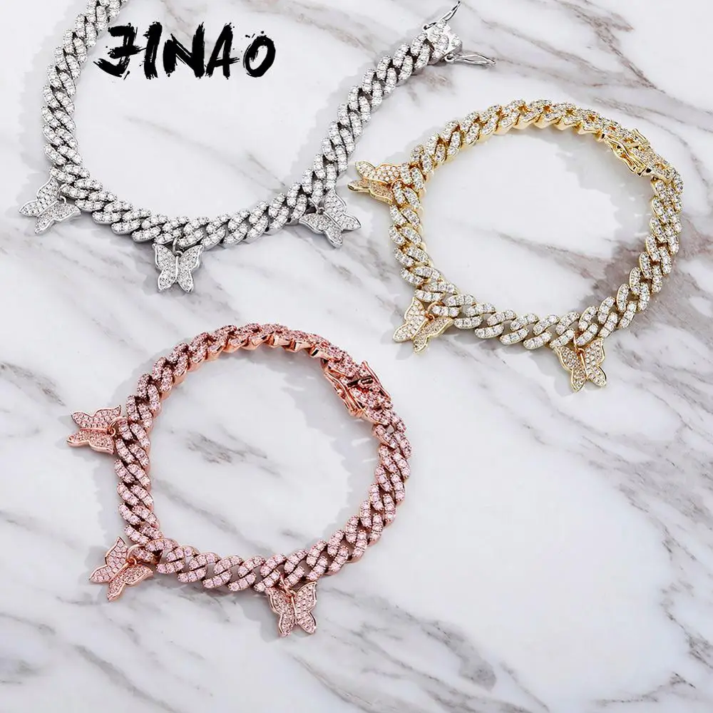 

JINAO New Butterfly Bracelet Miami Cuban Bracelet Iced cubic Zirconia Bracelet Hip Hop Chain Choker Jewelry Gift For Women Gift