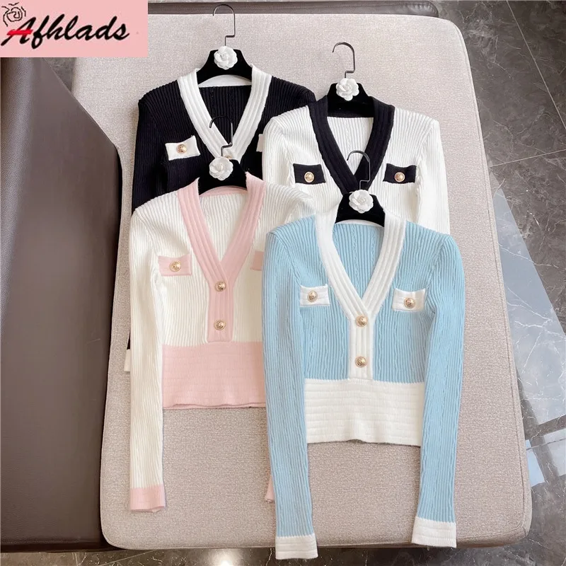 

Autumn New Color Contrast Patchwork Slim Sexy V-Neck Long Sleeve Knitted Top Casual Single Breasted Fashion Women's Clothing