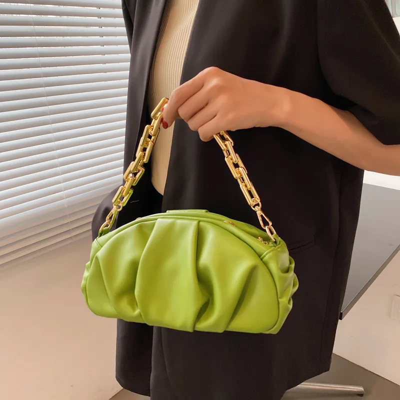 

Folds Thick Chain Women Crossbody Shoulder Bag Small 2021 Designer Female Purses And Handbags Soft PU Leather Shell Clutch Sac