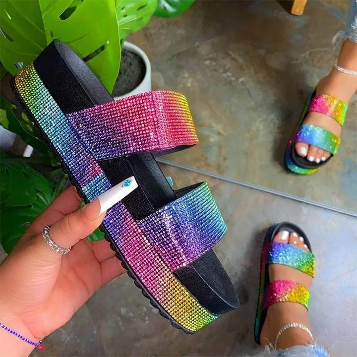 

Shoes Woman 2021 Female Slippers Glitter Slides Big Size New Jelly Flat Summer Basic Scandals PU Bling Crystal Fabric Shoes Woma