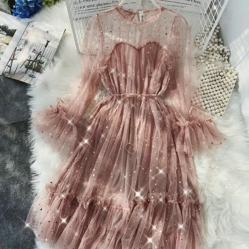 

Mesh Bling Vestidos Princess Shiny Fiesta Female O-neck Sequined Dress Fairy Dresses New Elegant De Stars Puff Women Gauze O-ne