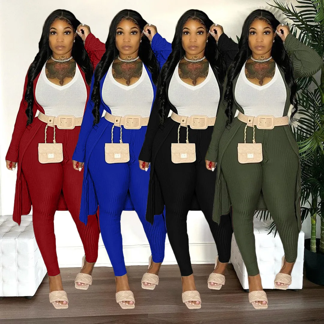 

Женский комплект из 3 предметов Casaul, длинное пальто + рубашка + длинные брюки, трикотажный спортивный костюм в рубчик, зимняя одежда для женщи...