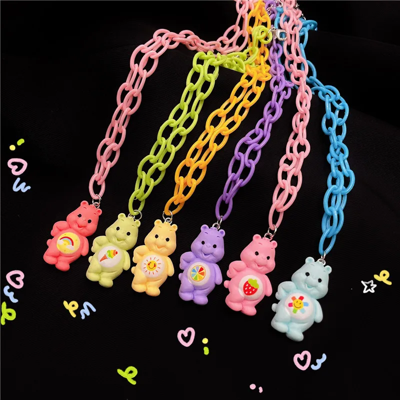 

ins Cute Colorful Rainbow Cartoon Bear Pendant Keychain Necklaces for Women Fashion Sweet Ice Cream Sun Fruit Girls Trinkets
