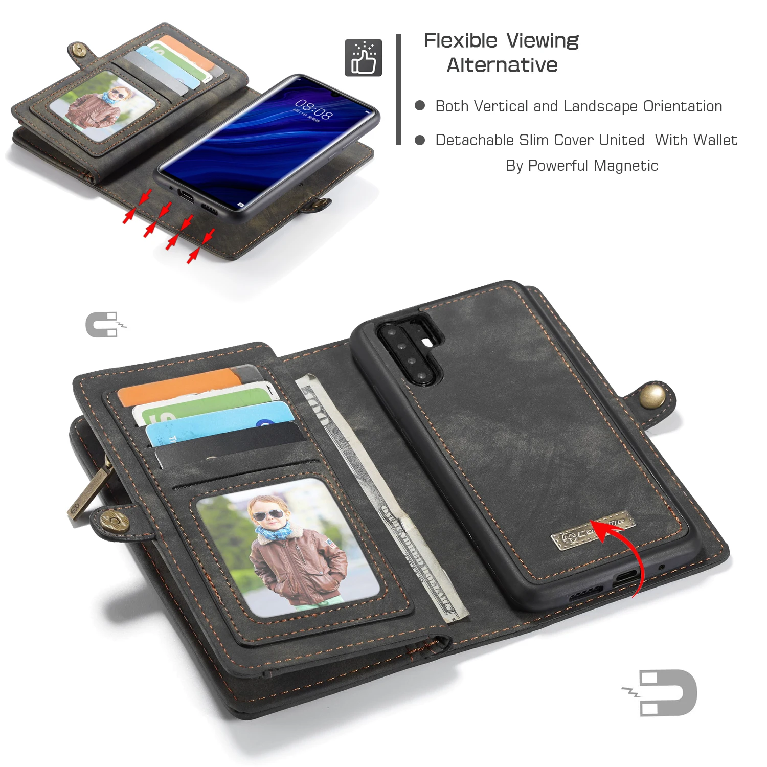 13 отделений для карт + отдел наличных на молнии съемный кошелек кожаный чехол Huawei