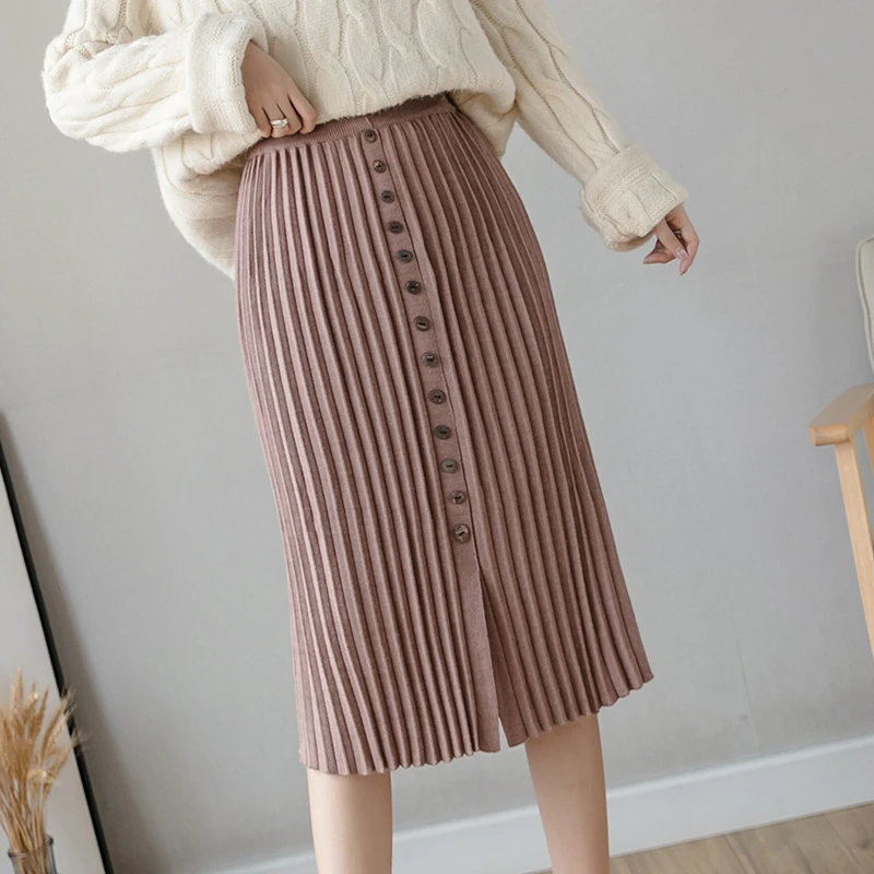 

New Autumn Winter Women Skirt Elegant Single-breasted Knitted Long Skirt Korean Slim High Waist Split Hem Pleated Skirt
