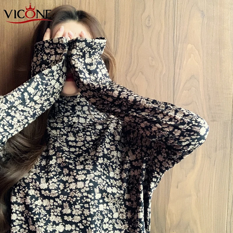 VICONE размера плюс водолазка Элегантные новые рубашки с принтом женские весенние
