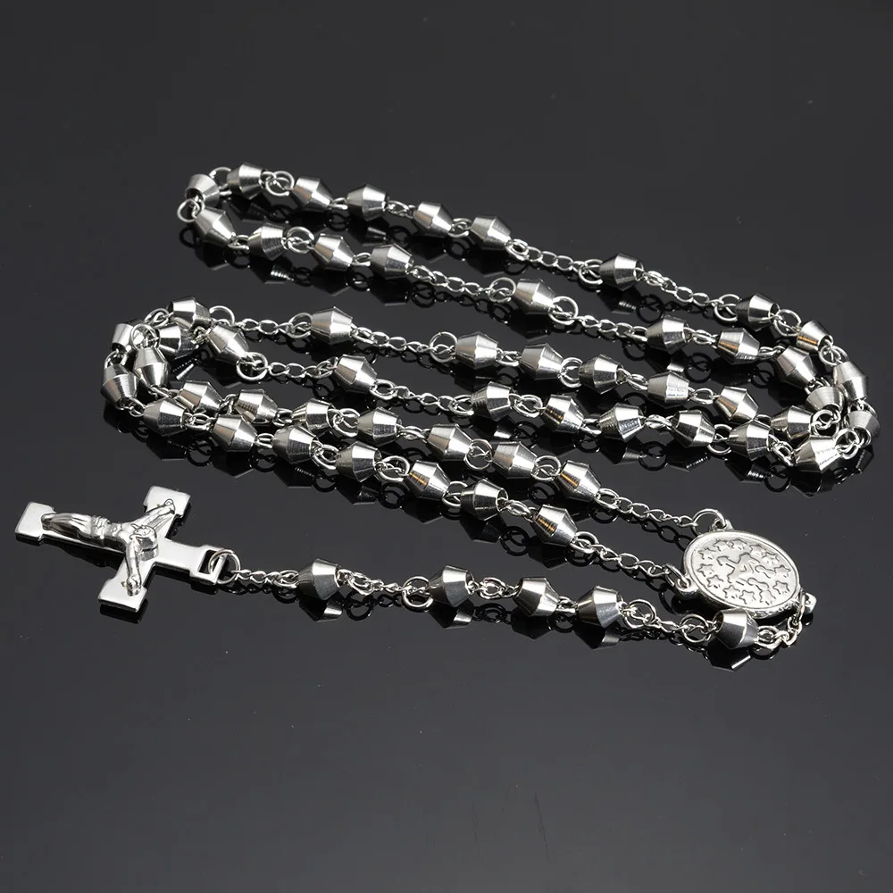 6mm Stainless Steel Bead Chain Rosary for men Jesus Cross Pendant Long Necklace High quality chain rosaries wholesale | Украшения и