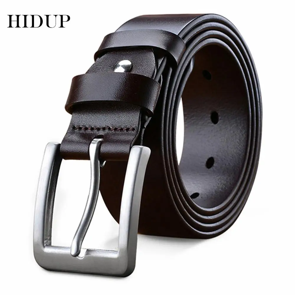 HIDUP Men's Top Quality Solid Cow Skin Leather Belts Casual Stainless Steel Buckle Metal Genuine Belt Jeans Accessories NWJ624