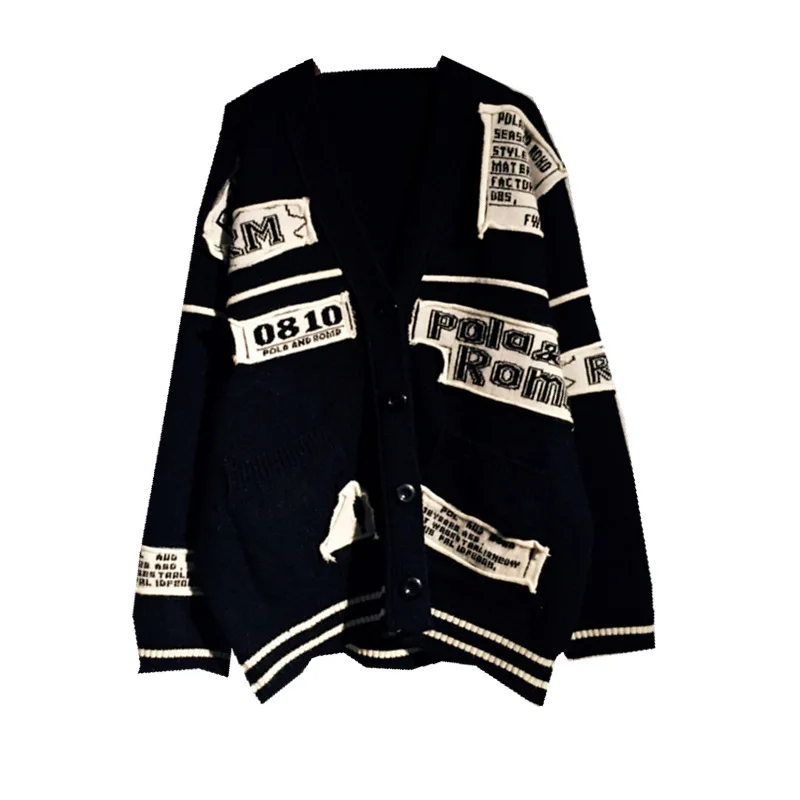 

heavy industry pasted fabric retro Sweater Cardigan Jacket Women's autumn and winter loose lazy medium length knitwear