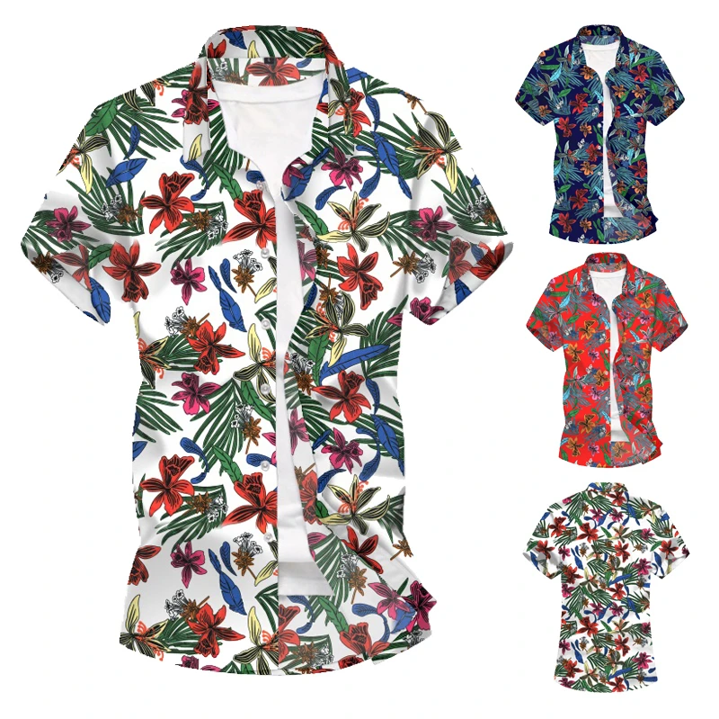 

2019 New Men's Floral Printed Shirts Male Slim fit Short Sleeve Flower Shirt Basic Tops Casual Hawaiian Shirts M-3XL