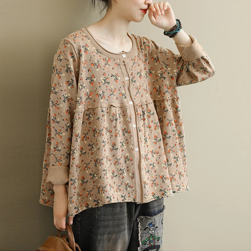 Johnature новинка для отдыха Ретро стиль круглый вырез цветочный принт однобортный