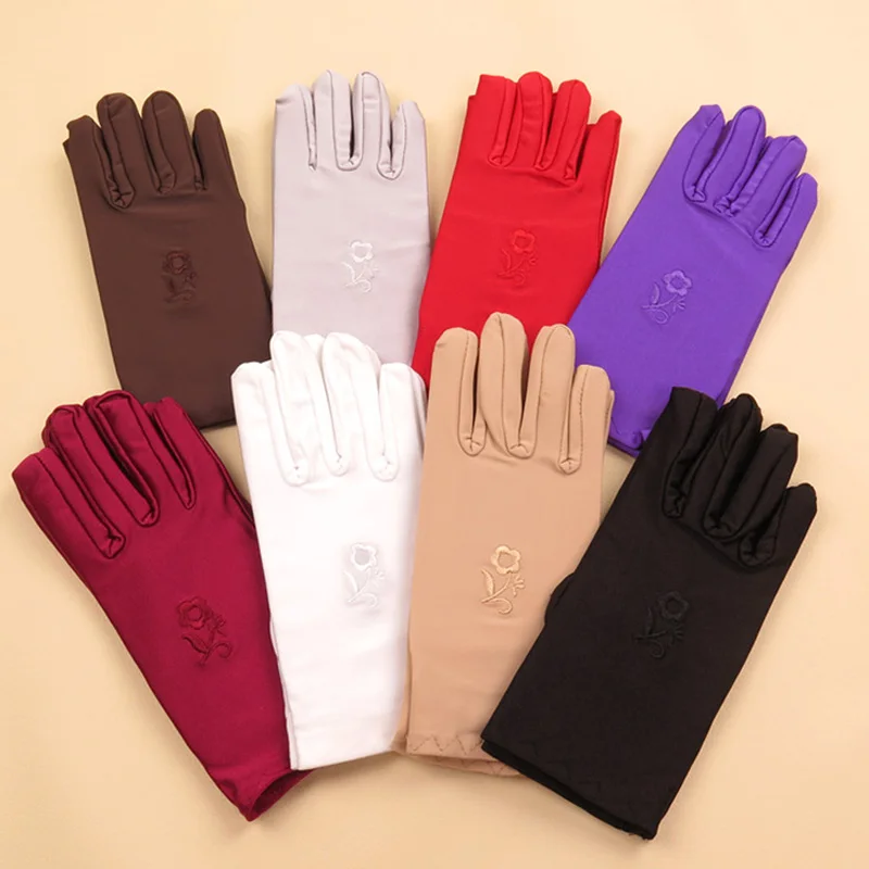 

Protection 1Pair Women Wrist Length Gloves Black white Red Short Satin stretch Gloves Mittens for Ladies Girls summer Gloves
