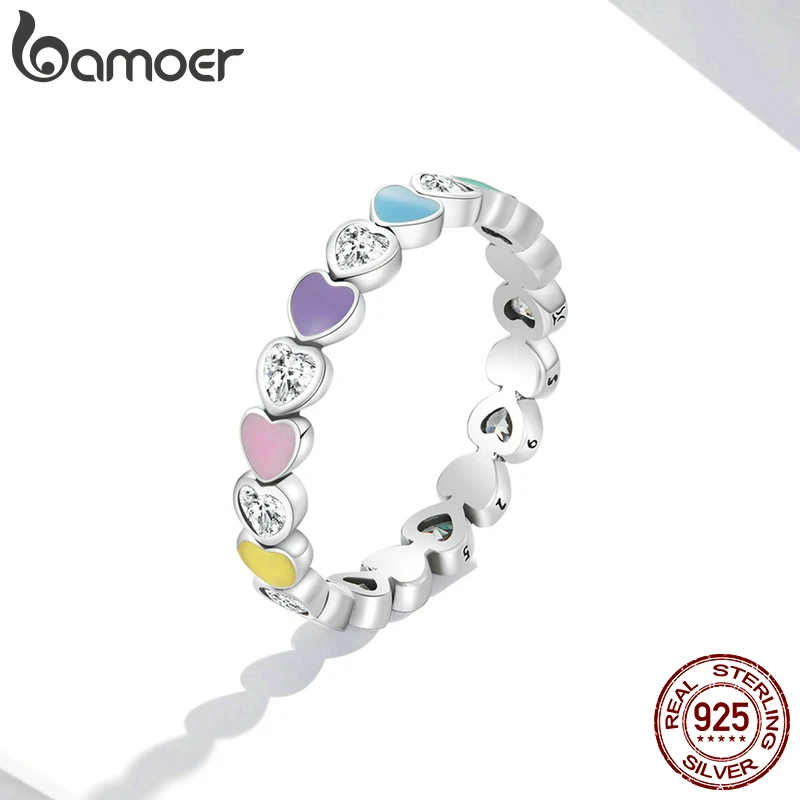 Женское кольцо с радужным сердечком Bamoer 100% Стерлинговое Серебро 925 пробы