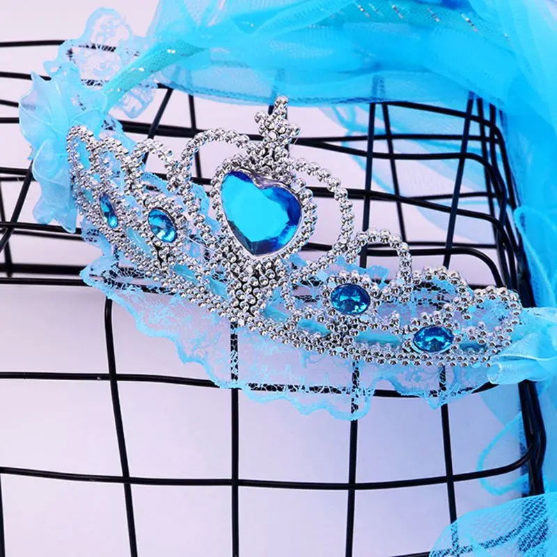 

Children Girls Princess Double Layers Tulle Veils Hairband Crown Tiara Rhinestone Headband Lace Up Ribbon Ruffles Wreath Rainbow