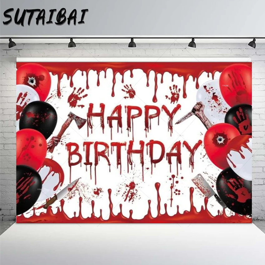 

Фон для фотографирования детей на Хэллоуин вечерние, красные, черные шары, ручная печать, пятна крови, трюк, ужасный инструмент