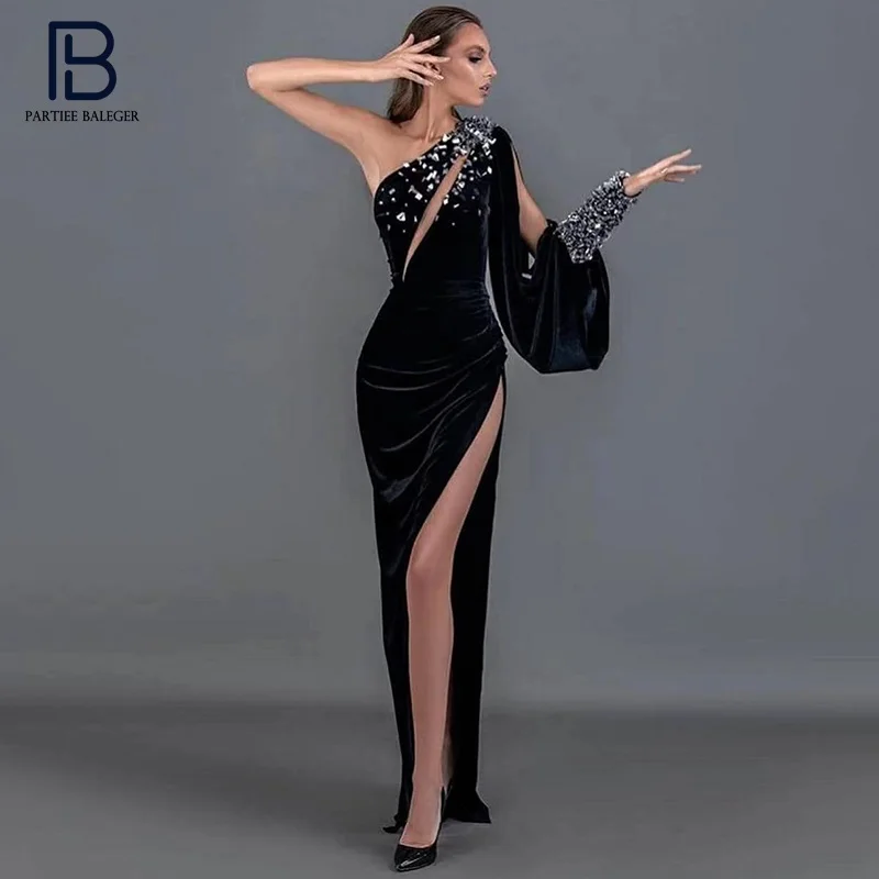 

PB Stylish Crystal Design Velvet Long Dress Sexy Diagonal Collar One Shoulder Long Sleeve Celebrity Party Club Free Shipping