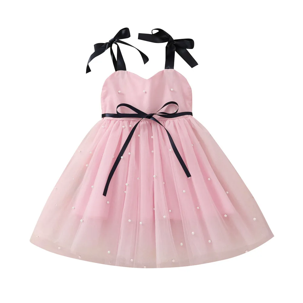 

2021 0-5Y Princess Kids Baby Girls Dress Pearls Pink Solid Bandage Sleeveless Bow Tunic Tulle Summer Dress For Birthday Party
