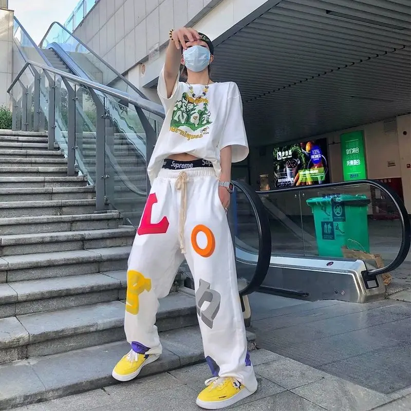 

Pants women's fashion color letters hip hop couple pants spring and autumn thin versatile loose casual straight pants