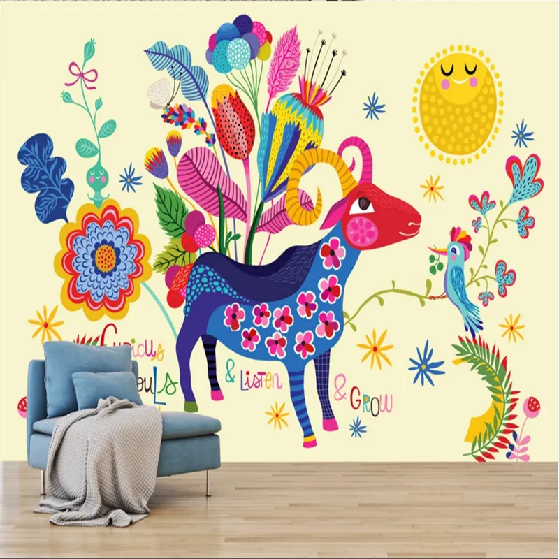 Ручная роспись мультфильмов овец птиц 3D детская комната желтый фон Настенные