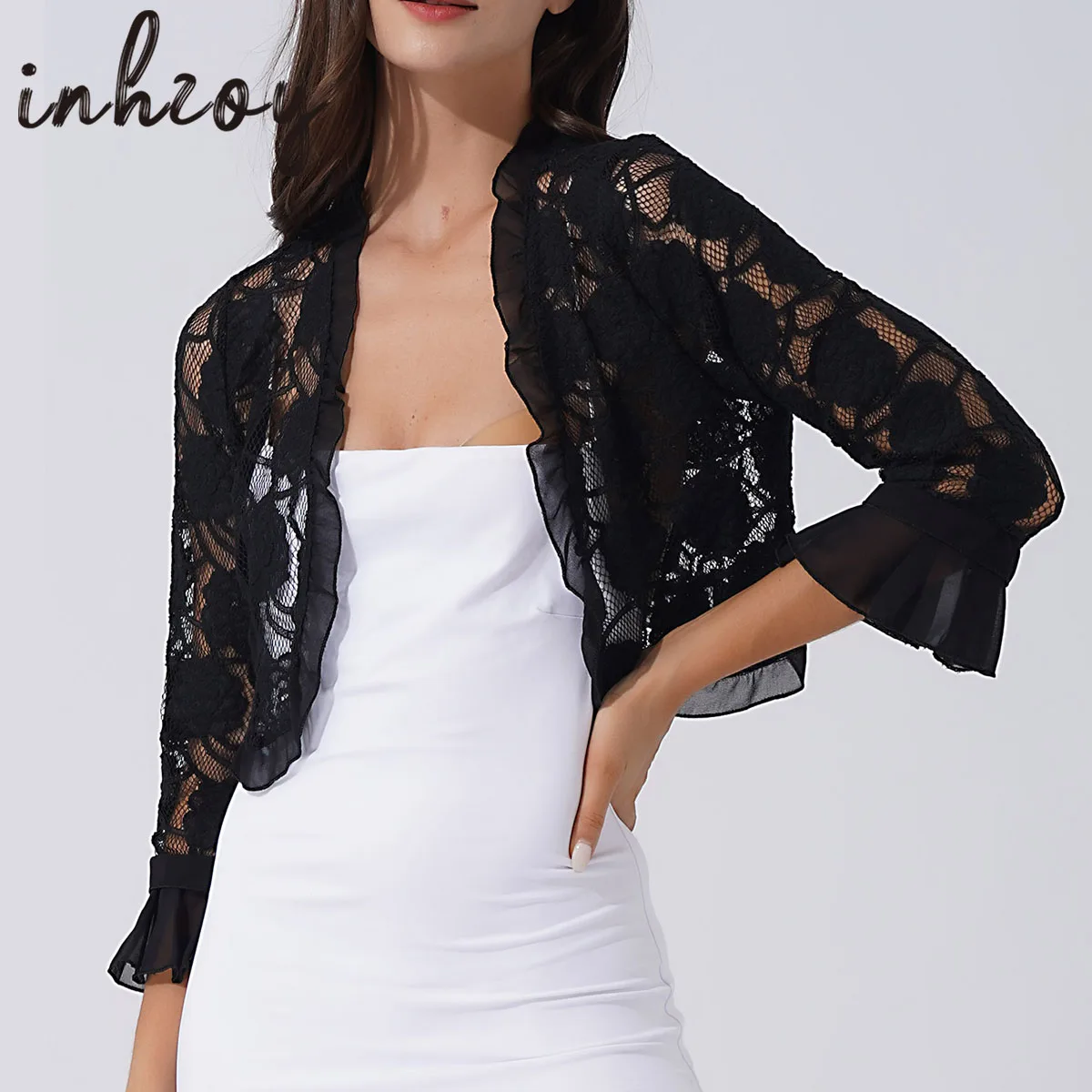 Женский кружевной вязаный кардиган с рюшами и рукавом 3/4 | Женская одежда