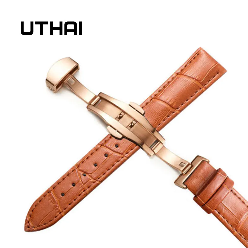 Rosegold-light brown UTHAI Z09 Plus Ремешки для наручных часов из натуральной кожи 12-24 мм Универсальные часы с бабочкой и пряжкой стальной ремешок с пряжкой 22 мм ремешок для наручных часов - Цвет ремешка: Rosegold-light brown