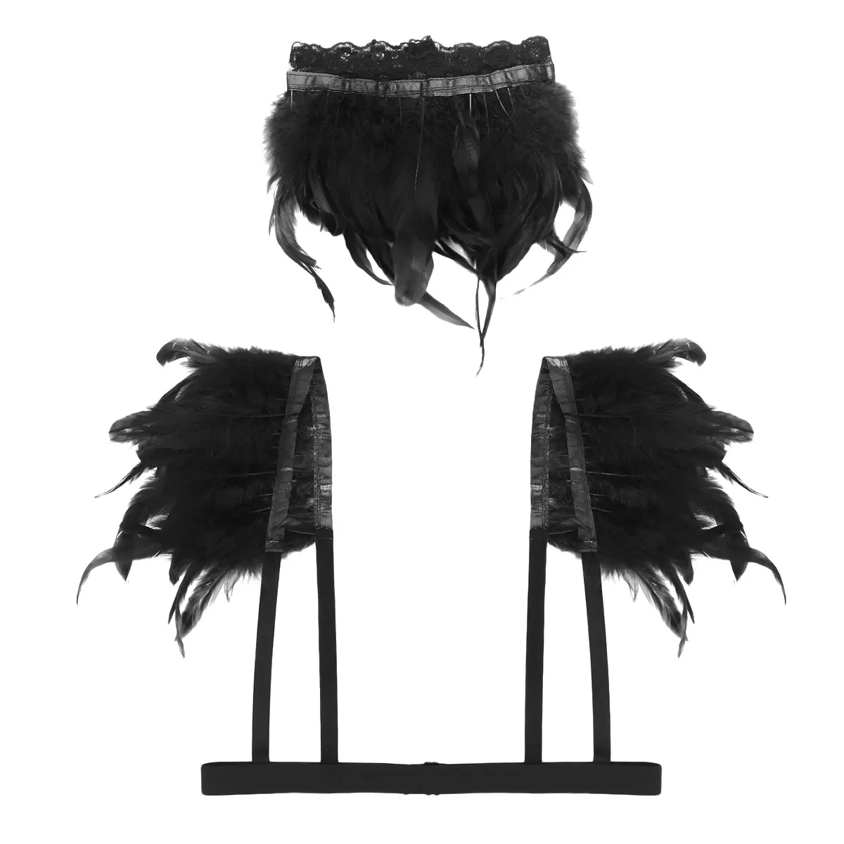 Women Gothic Natural Feather Shrug Shawl Shoulder Wings Lingerie Female Body Sexy Caged Bra Festival Rave Costume Harness Belts