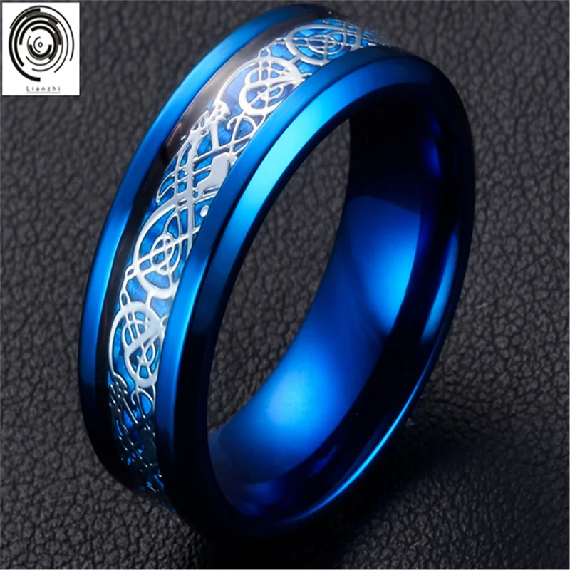 Фото Мужское кольцо из нержавеющей стали с синим драконом 8 мм