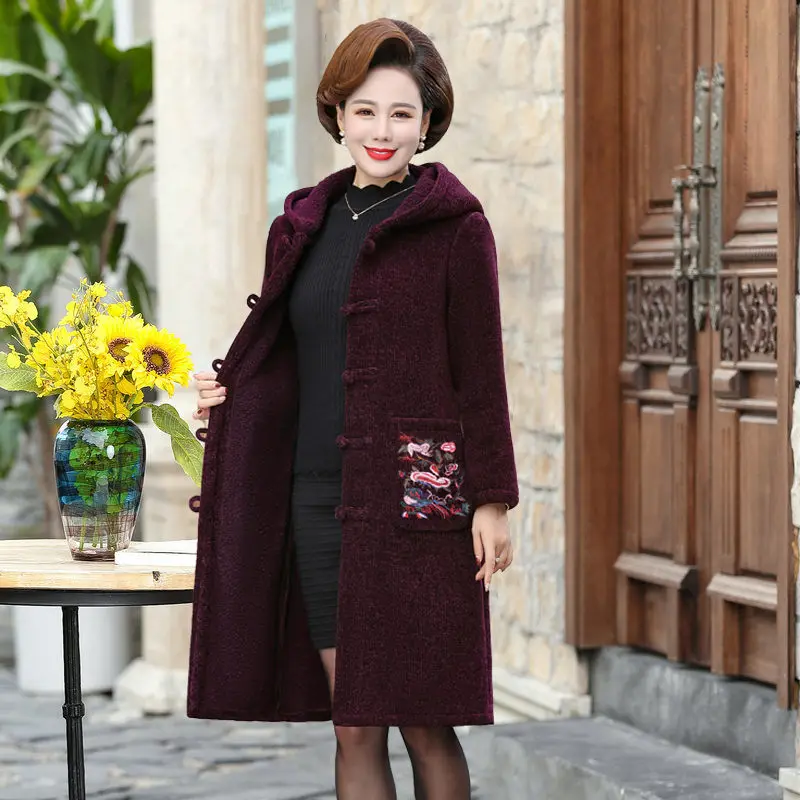 

Hooded Woolen Coat For Mother Autumn and Winter Clothes Middle-Aged Fashion Retro Chinese Style Buckle Coats and Jacket f2616