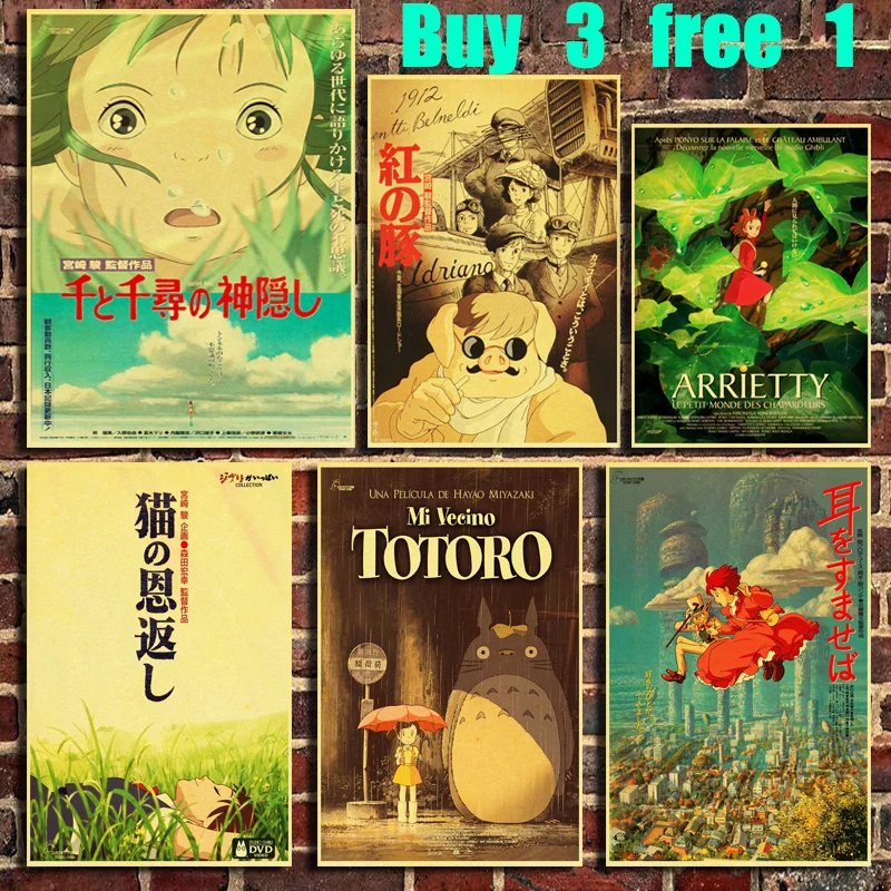 

Hayao Miyazaki Anime Retro Kraft Paper Poster Bar Office Coffee Shop Home Art Wall Stickers
