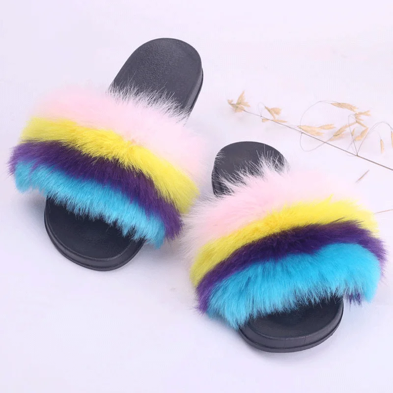 

Sexy Fur Women Shoes Beautiful Plush Fur Non-slip Floor Home Slippers Winter Warm Fluffy Slides for Ladies Large Size 2021 New