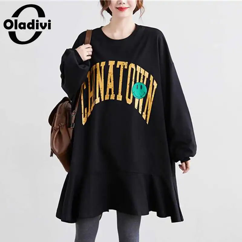 

Oladivi 10XL Oversized Cotton Hoodie Dress Women Print Autumn Long Sleeve Shirt Dresses O-Neck Top 8009 4XL 5XL 6XL 7XL 8XL 9XL