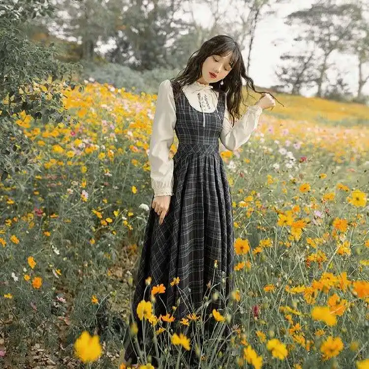 

Dress for women Autumn Winter Women Dress New Arrival Retro Stand Collar Flower Embroidery Plaid Long Sleeve Woman Long Dress