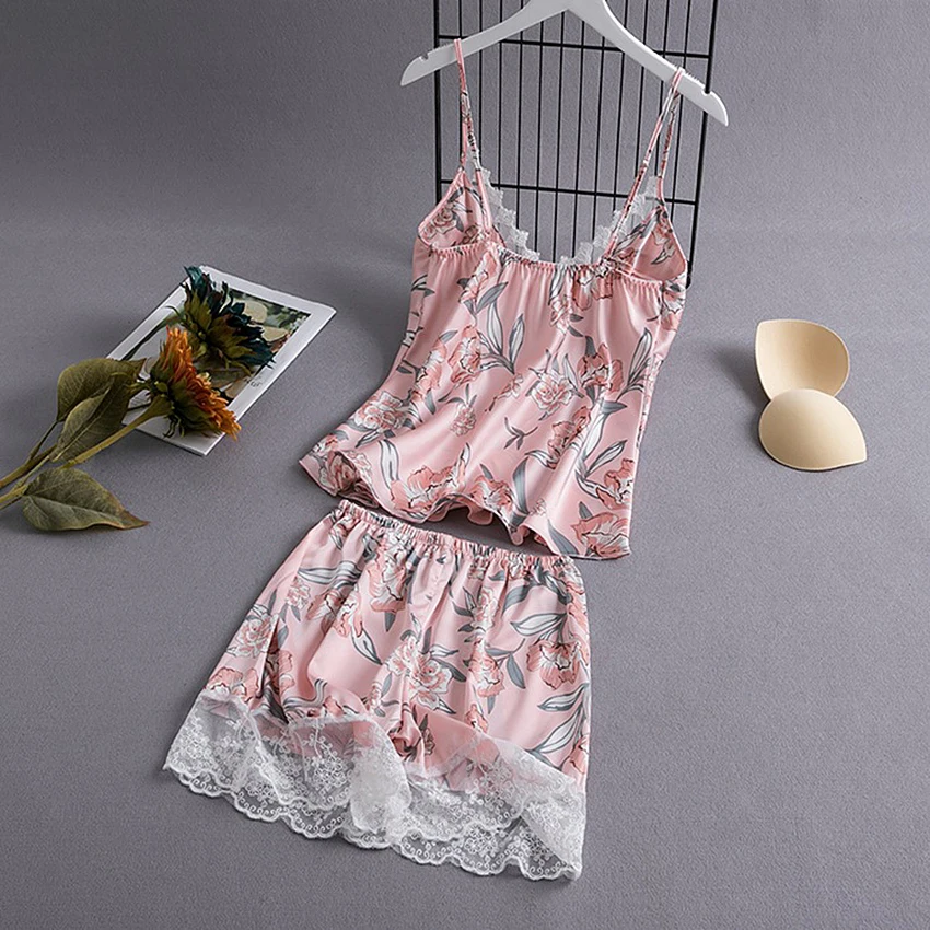 Suphis шелковые атласные пижамы для женщин элегантные кружевные шорты с цветочным