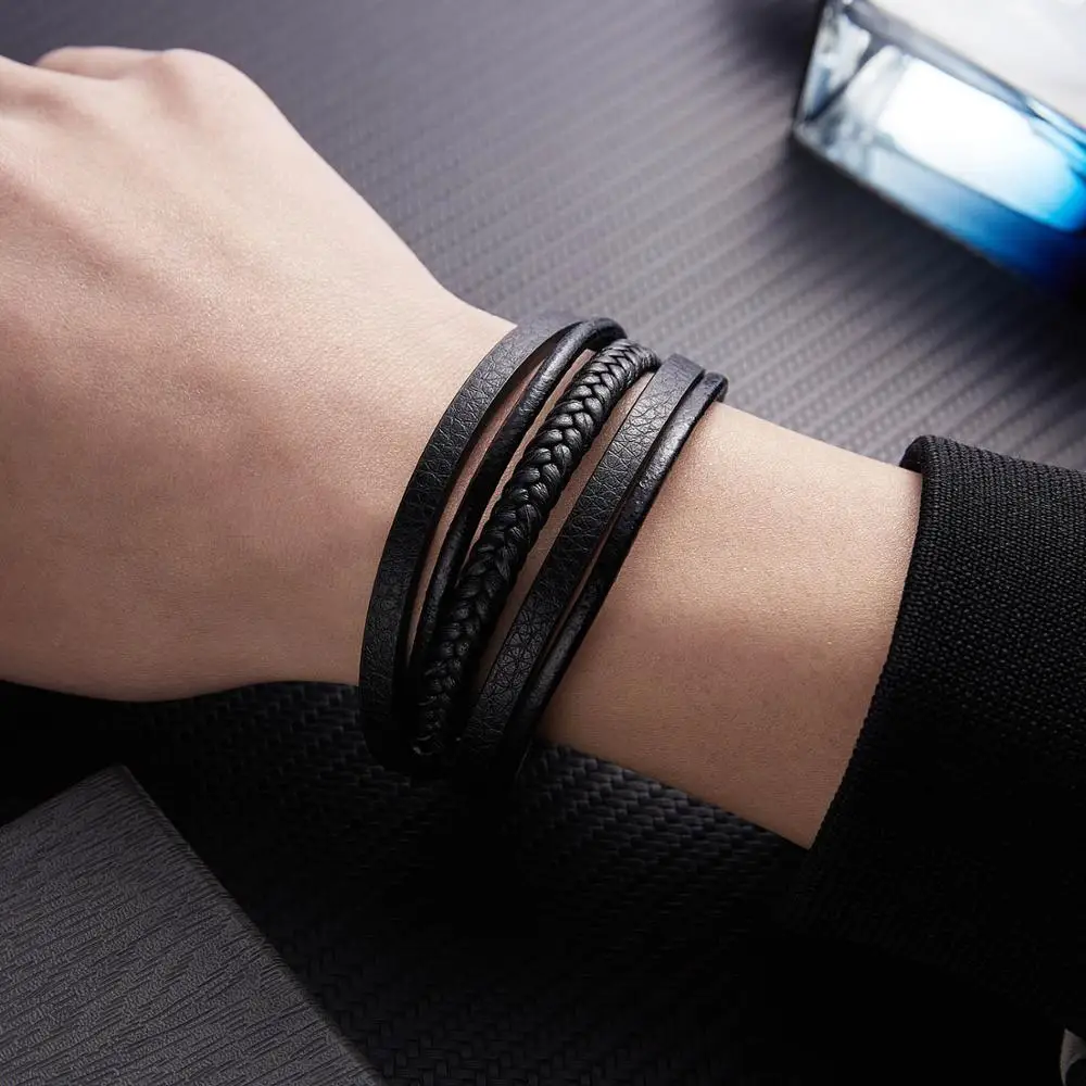 

Rinhoo Men Jewelry Punk Braided Leather Bracelet for Men Black Brown Color Alloy Magnetic Clasp Bangles Male Festival Gifts