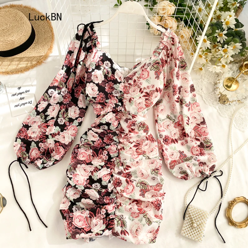 

Fashion Lady Lantern Sleeve Sheath Mini Dress Women Street Patchwork Color Pleated Slim Hip Dresses Party Floral Print Vestidos